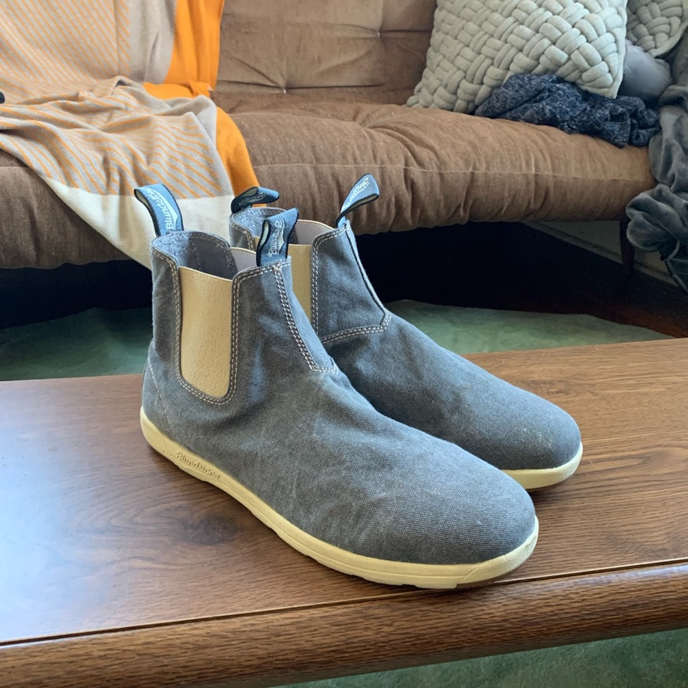 Blue canvas Blundstone boots